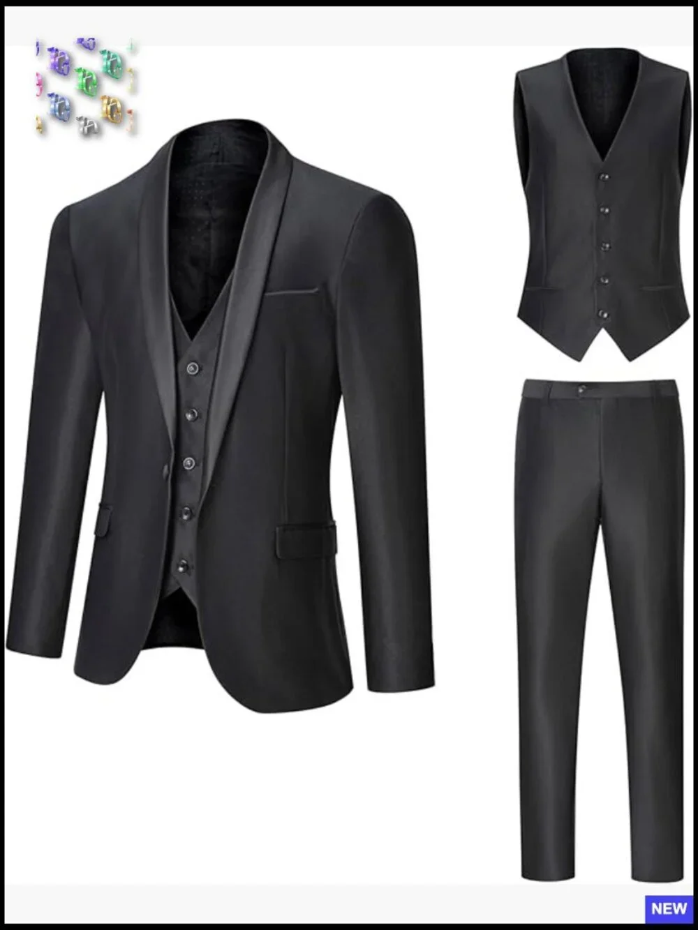 Slim Fit Three Piece Suit Shawl Lapel Blazer Vest Pants Set Classic Elegant